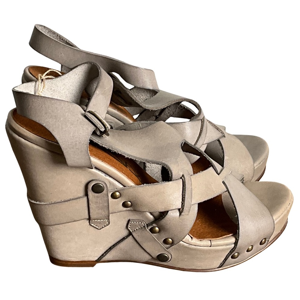SixtySeven Taupe Gray Leather Wedge Sandals